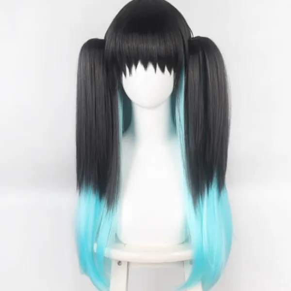 Spöklik Klinga Tokitsu Muichiro Kasaju Svart Gradient Färgblockering Blandad Blå och Grön Dubbel Hästsvans cos peruker-FA-> Peruker