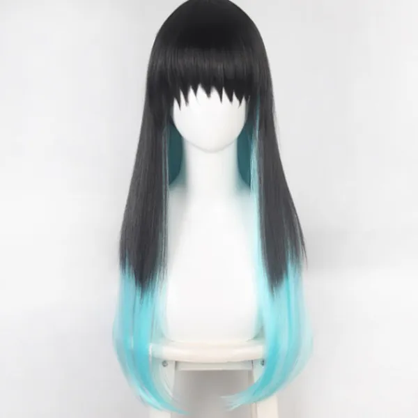 Spöklik Klinga Tokitsu Muichiro Kasaju Svart Gradient Färgblockering Blandad Blå och Grön Dubbel Hästsvans cos peruker-FA-> Peruker