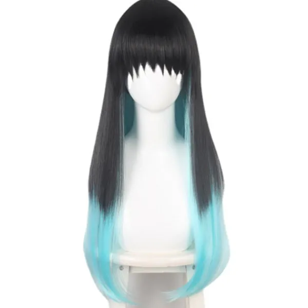 Spöklik Klinga Tokitsu Muichiro Kasaju Svart Gradient Färgblockering Blandad Blå och Grön Dubbel Hästsvans cos peruker-FA-> Peruker