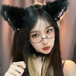 Söt Plush Kattöron Huvudband Hårband med Klocka Cosplay Tillbehör för Kvinnor och Flickor><noscript><img width=