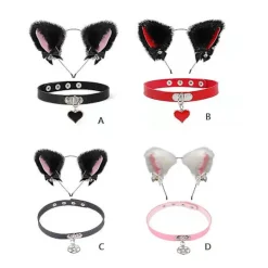 Söt Plysch för Kattöron Klockor Hårband Läder Choker Halsband Cosplay Huvudbonad><noscript><img width=