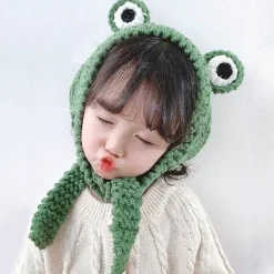 Söt Storögd Rolig Groda Beaniehatt med Öronlappar Stickade Mössor Varma Manschetter Vintermössa för Kvinnor Barn (Grön)><noscript><img width=