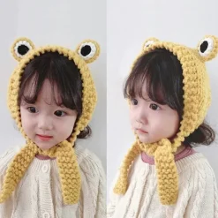 Söt Storögd Rolig Groda Beaniehatt med Öronlappar Stickade Mössor Varma Manschetter Vintermössa för Kvinnor Barn (Grön)><noscript><img width=