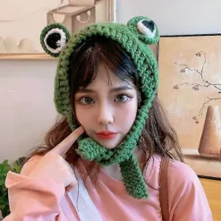 FMYSJ Söt vintermössa - utomhusvärmare stickad tecknad grodmössa med öron, grön (FMY)> Huvudbonader