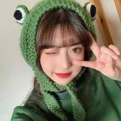 FMYSJ Söt vintermössa - utomhusvärmare stickad tecknad grodmössa med öron, grön (FMY)><noscript><img width=