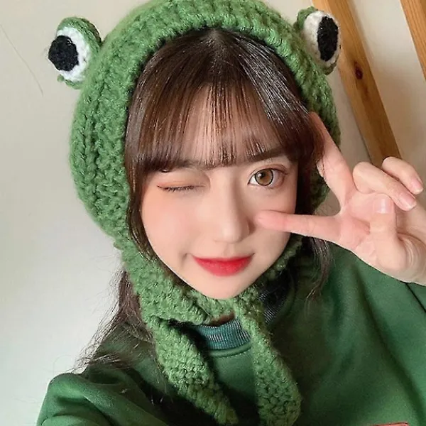 FMYSJ Söt vintermössa - utomhusvärmare stickad tecknad grodmössa med öron, grön (FMY)> Huvudbonader