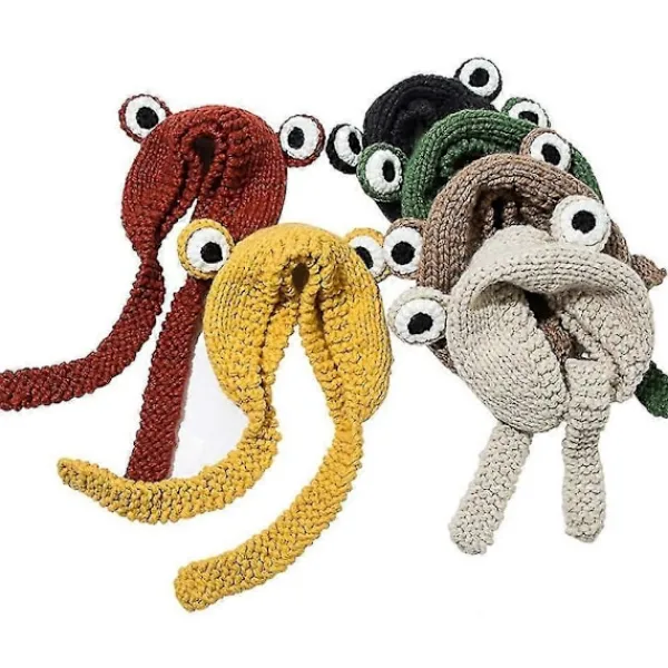 FMYSJ Söt vintermössa - utomhusvärmare stickad tecknad grodmössa med öron, grön (FMY)> Huvudbonader