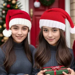 Holocky Stickad Julmössa med Tofs för Vuxna och Barn, Röd Jultomte-mössa><noscript><img width=