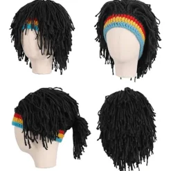 Stickad mössa för män med hår, rolig handgjord stickad vintermössa Beanie Rasta-mössa med dreadlocks, svart><noscript><img width=