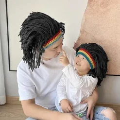 Stickad mössa för män med hår, rolig handgjord stickad vintermössa Beanie Rasta-mössa med dreadlocks, svart><noscript><img width=