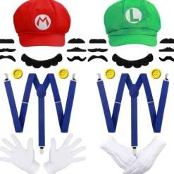 Super Mario Bros Mario och Luigi Hattar Kepsar Mustascher Handskar Knappar Cosplay Kostym> Tillbehör