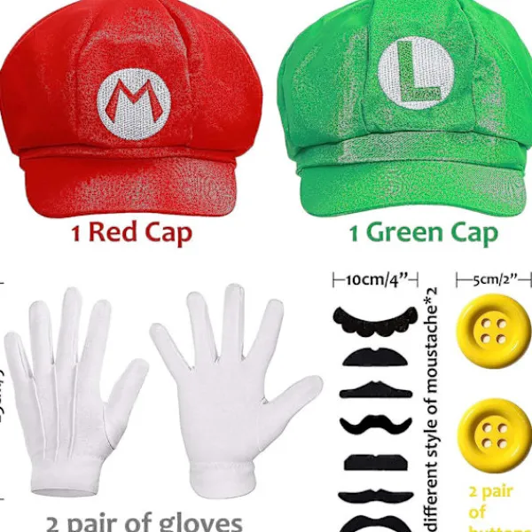 Super Mario Bros Mario och Luigi Hattar Kepsar Mustascher Handskar Knappar Cosplay Kostym> Tillbehör