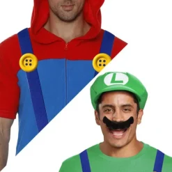 Super Mario Bros Mario och Luigi Hattar Kepsar Mustascher Handskar Knappar Cosplay Kostym><noscript><img width=