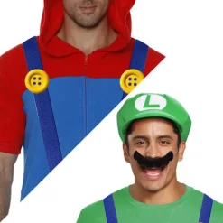 Super Mario Bros Mario och Luigi Hattar Kepsar Mustascher Handskar Knappar Cosplay Kostym-FA-><noscript><img width=
