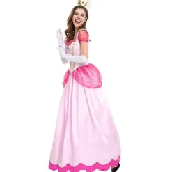 Super Mario Peach Cosplay Kostym Rosa Prinsessklänning + Handskar + Huvudbonad Outfit Set Karneval Party L><noscript><img width=