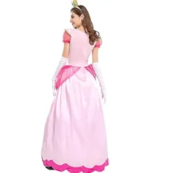 Super Mario Peach Cosplay Kostym Rosa Prinsessklänning + Handskar + Huvudbonad Outfit Set Karneval Party L><noscript><img width=