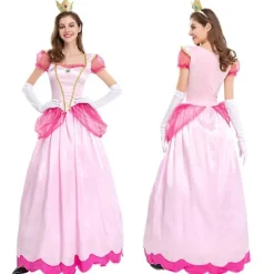LAIQIANKUA Super Mario Princess Peach Deluxe Cosplay Cosplay Pink Princess Outfit för kvinnor Klä upp till Halloween Carnival Party Comic-con komplett set M> Dräkter