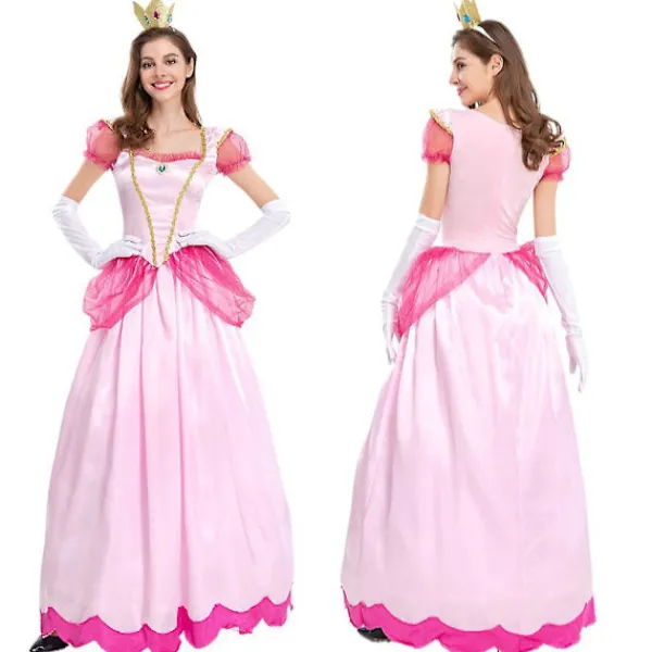 LAIQIANKUA Super Mario Princess Peach Deluxe Cosplay Cosplay Pink Princess Outfit för kvinnor Klä upp till Halloween Carnival Party Comic-con komplett set M> Dräkter