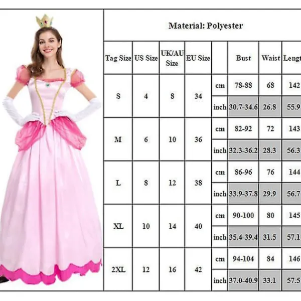 LAIQIANKUA Super Mario Princess Peach Deluxe Cosplay Cosplay Pink Princess Outfit för kvinnor Klä upp till Halloween Carnival Party Comic-con komplett set M> Dräkter