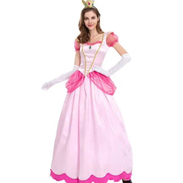 LAIQIANKUA Super Mario Princess Peach Deluxe Cosplay Cosplay Pink Princess Outfit för kvinnor Klä upp till Halloween Carnival Party Comic-con komplett set M> Dräkter