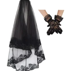 Svart spets brudslöja bröllopsslöja Halloween-slöja och handskar> Dräkter