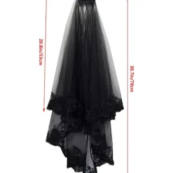 Svart spets brudslöja bröllopsslöja Halloween-slöja och handskar><noscript><img width=