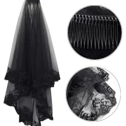 Svart spets brudslöja bröllopsslöja Halloween-slöja och handskar><noscript><img width=