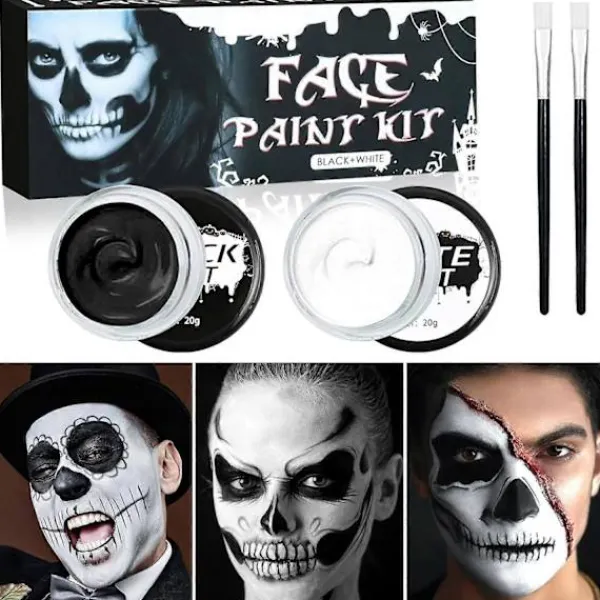 Svart Vit Ansiktsfärg, Ansikts- och Kroppsfärg, Halloween Sminkset med Sminkborste, Kompatibel med Halloween Maskerad> Smink