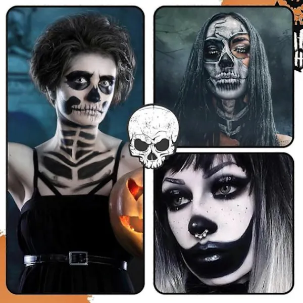 Svart Vit Ansiktsfärg, Ansikts- och Kroppsfärg, Halloween Sminkset med Sminkborste, Kompatibel med Halloween Maskerad> Smink