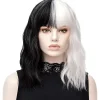 Svart vit peruk - Dam syntetisk halv svart halv vit vågig cosplay kort peruk> Peruker