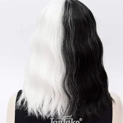Svart vit peruk - Dam syntetisk halv svart halv vit vågig cosplay kort peruk><noscript><img width=