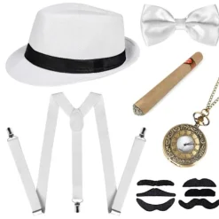 1920-talets herr accessoarer Flapper Gangster Set Great Gatsby kostym kit 20-tal med Trilby hatt elastisk mustasch hängslen herr fickur> Tillbehör