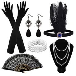 1920-talets kvinnliga flapper Gatsby kostymtillbehör set vintage stil 20-talets flapper pannband pärlhalsband armband örhängen handskar（F）> Tillbehör