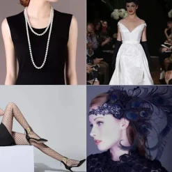 1920-tals accessoarer för kvinnor, Gatsby-accessoarer för kvinnor, set med 20-talstema, pannband, långa svarta handskar, halsband, örhängen, cosplay | Fyndiq> Tillbehör