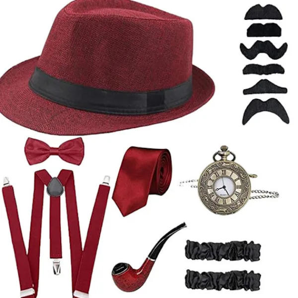 Holocky 1920-tals Herr Gatsby 8-delad Tillbehörssats Hatt Suspender Fluga> Tillbehör