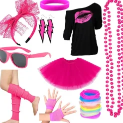 80-tals kläder accessoarer kostym T-shirt puffig kjol örhängen set M> Dräkter