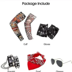 1980-tals Metal Rocker Rockstar Rock N Roll Kostym 70-tal 80-tal Festtillbehör Set Hårband Tatuering Manschetter Handskar Punk Armband (6 stycken)> Tillbehör