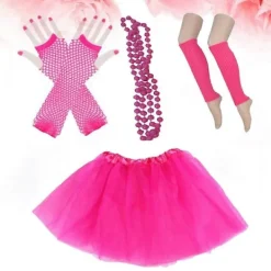 80-tals Spets Neon Örhängen Fingerlösa Fisknätshandskar Pärlförsedd Tyllkjol Benvärmare för 80-talsfest (Rosy)> Dräkter