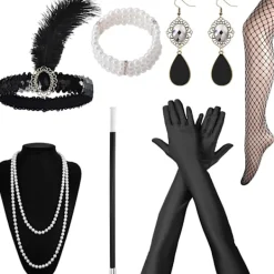 1920-tals Tillbehör för Kvinnor Gatsby Tillbehör för Kvinnor 20-tals Tema Set Hårband Långa Svarta Handskar Halsband Örhängen Cosplay> Tillbehör