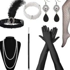 1920-talsaccessoarer för kvinnor, Gatsby-accessoarer kvinnoset Mode Vrålande 20-tals temaset, 7 st Pannband Långa Svarta Handskar Halsband Örhängen för Kvinnor | Fyndiq> Tillbehör