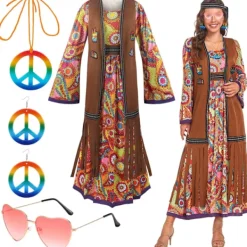60-talsdräkt dam, hippie damklänningsset, 70-tals disco halloween-outfits, hippiekläder damdräkt, 60-tals klädtillbehör[qb] L> Dräkter
