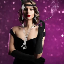 1920-talstillbehör för kvinnor, Gatsby-tillbehör Set Mode Roaring 20-tals set, 7 st Pannband Långa Svarta Handskar Halsband Örhängen För Dam | Fyndiq><noscript><img width=