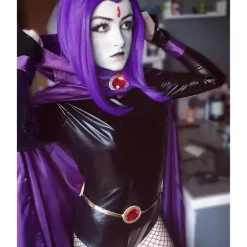Teen Titans Raven Cosplay Kostym Superhjälte Mössa Bodysuit Halloween Bodysuit + Mössa + Midjekedja XS> Dräkter