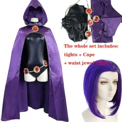 Teen Titans Raven Cosplay kostym Superhjältemantel Jumpsuits Zentai Halloween tighta kläder + Cape + midja smyckekedja L><noscript><img width=