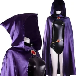 TeenTitans Raven Cosplay Kostym Peruk Deluxe Jumpsuit Bälte Lila Kappa Halloween Uniform För Kvinnor XS-3XL XS> Dräkter
