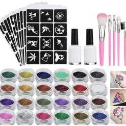 Temporär Glitter Tatuering Kit Kompatibelt med Barn, 24 Stora Glitterfärger Kroppsglitter Festival Party med 5 Penslar 2 Lim> Smink