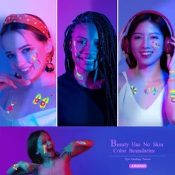 Temporär Tatuering 20 Ark Fluorescerande Tatuering Reaktion på Svart Ljus UV Neon, Temporär Tatuering för Kvinnor, Män, Flickor, Tonåringar, Barn><noscript><img width=