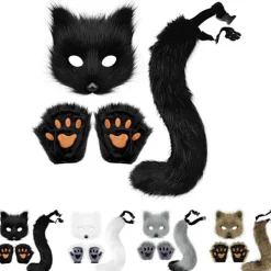 Therian Tassar Pälsmask & Svans Set Flickig Kattmask Halloweenfest Kostym_yux><noscript><img width=