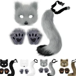 Therian Tassar Pälsmask & Svans Set Flickig Kattmask Halloweenfest Kostym_yux><noscript><img width=
