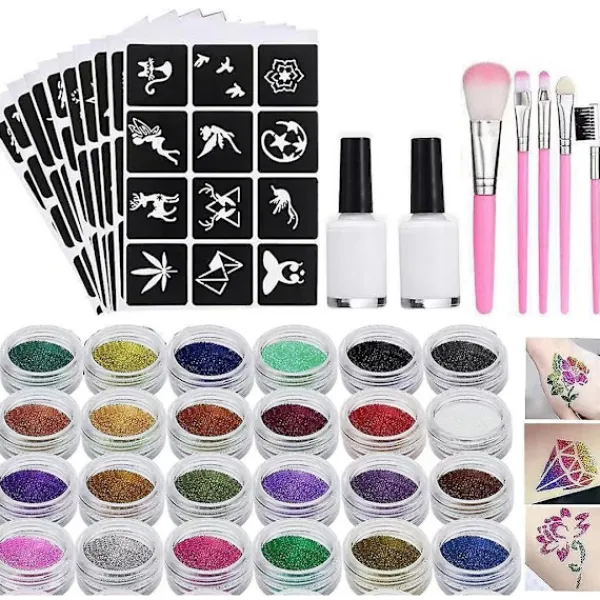 Tillfälliga Glittertatueringsset för Barn, 24 Stora Glitterfärger Kropps Glitter Festivalfest med 5 Borstar 2 Lim> Smink